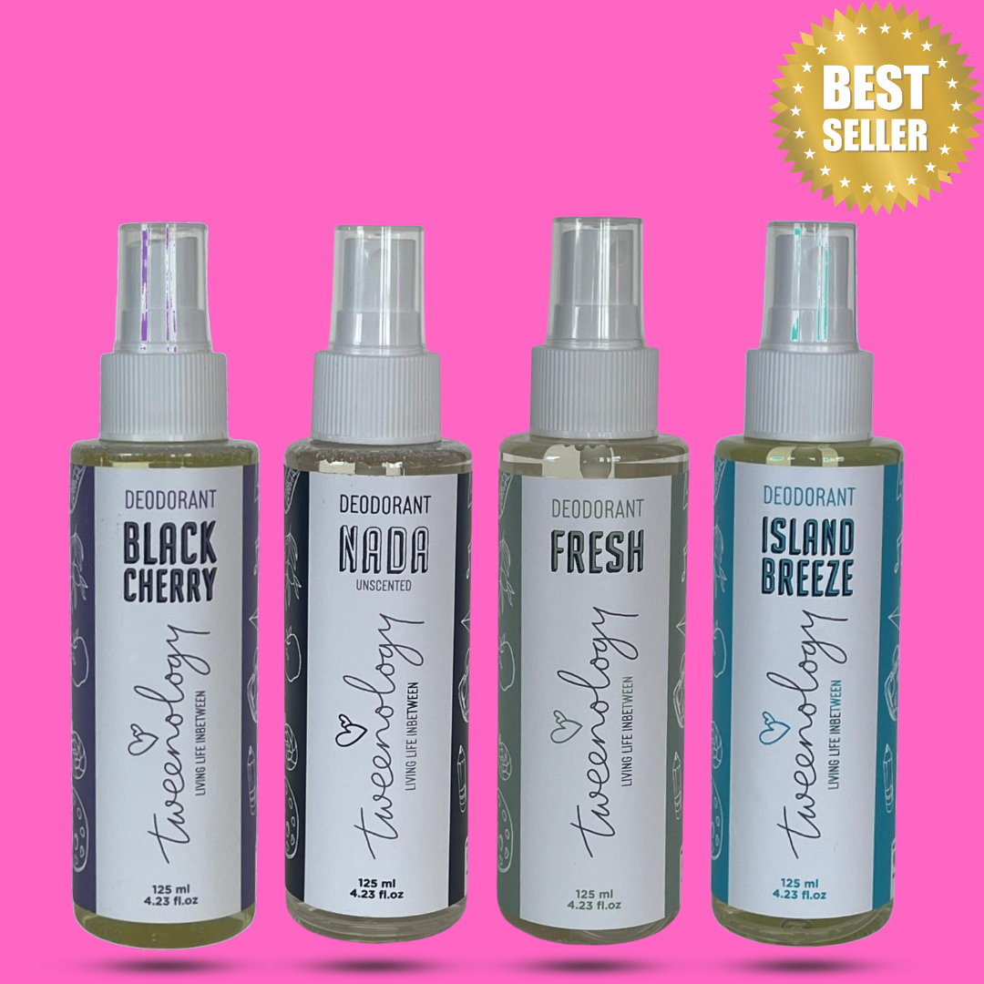 Tweenology natural deodorant range for tweens — Fresh, Black Cherry, Island Breeze and Nada variants, plant-based and aluminium-free, made in South Africa